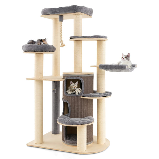 NNECW Multi-Level Cat Tree with 3-story Cat Condo & 2 Perches & Spring Ball-Grey-1
