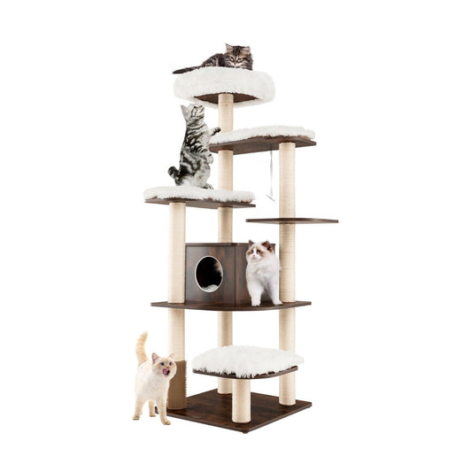 NNECW 179 CM Tall 7-Layer Wooden Cat Tree with Sisal Scratching Posts-1