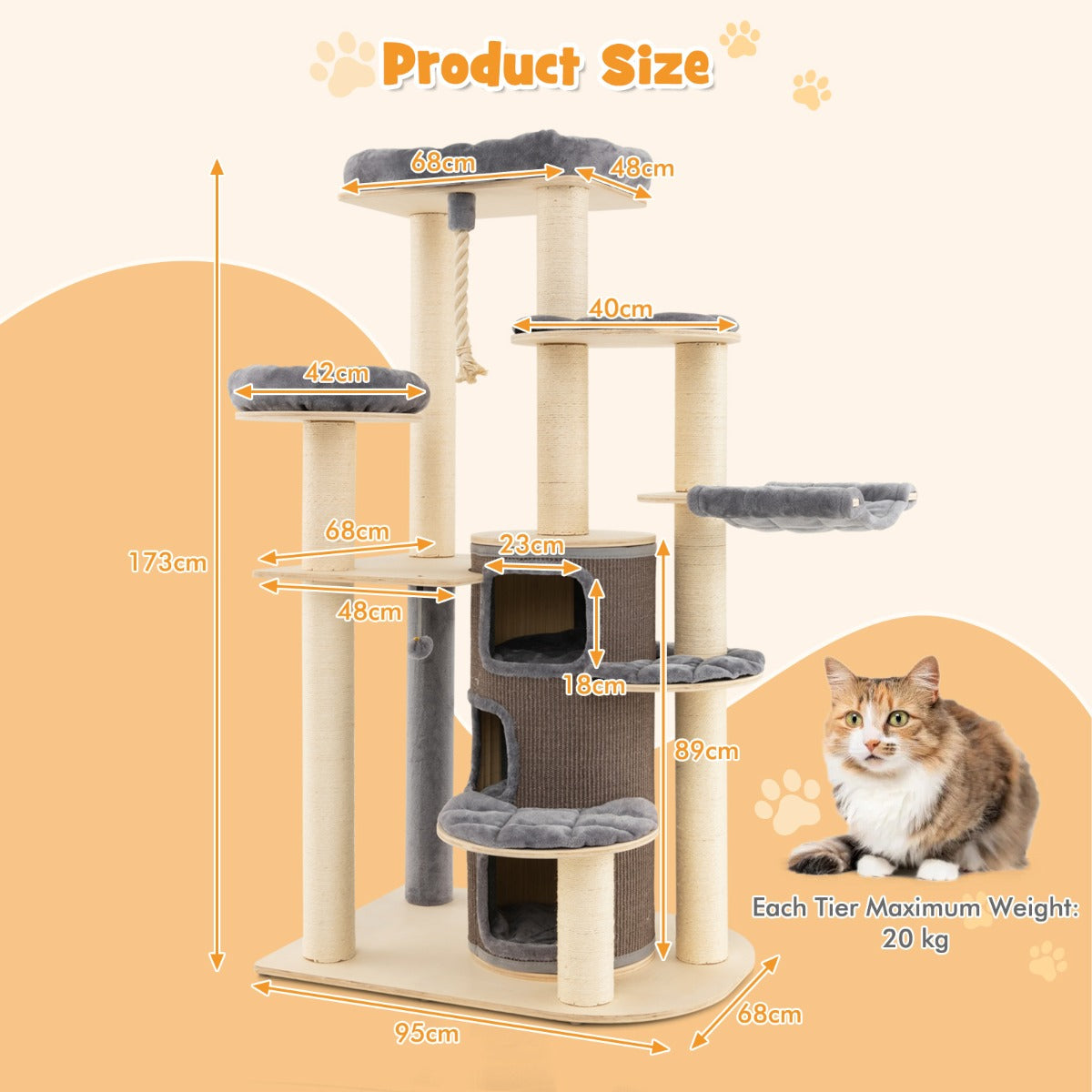 NNECW Multi-Level Cat Tree with 3-story Cat Condo &amp; 2 Perches &amp; Spring Ball-Grey-3