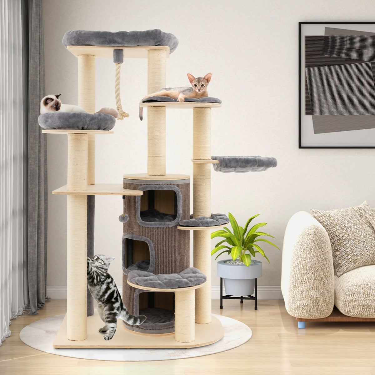 NNECW Multi-Level Cat Tree with 3-story Cat Condo &amp; 2 Perches &amp; Spring Ball-Grey-0