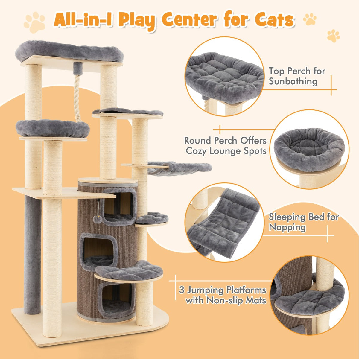 NNECW Multi-Level Cat Tree with 3-story Cat Condo &amp; 2 Perches &amp; Spring Ball-Grey-4
