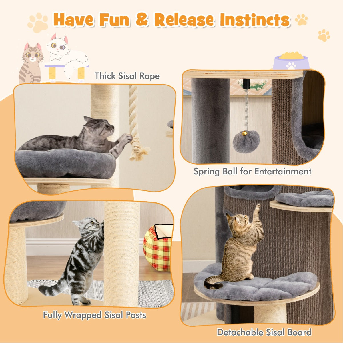 NNECW Multi-Level Cat Tree with 3-story Cat Condo &amp; 2 Perches &amp; Spring Ball-Grey-2