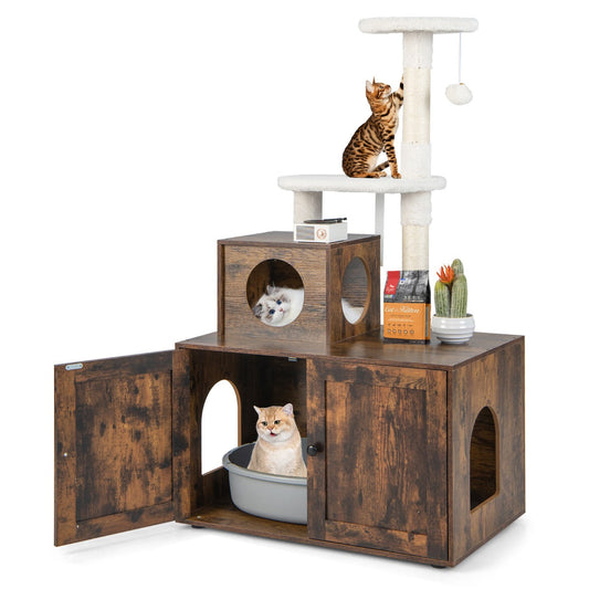 NNECW 2-in-1 Cat Tree with Litter Box Enclosure &amp;amp; Sisal Scratching Posts-Brown-1